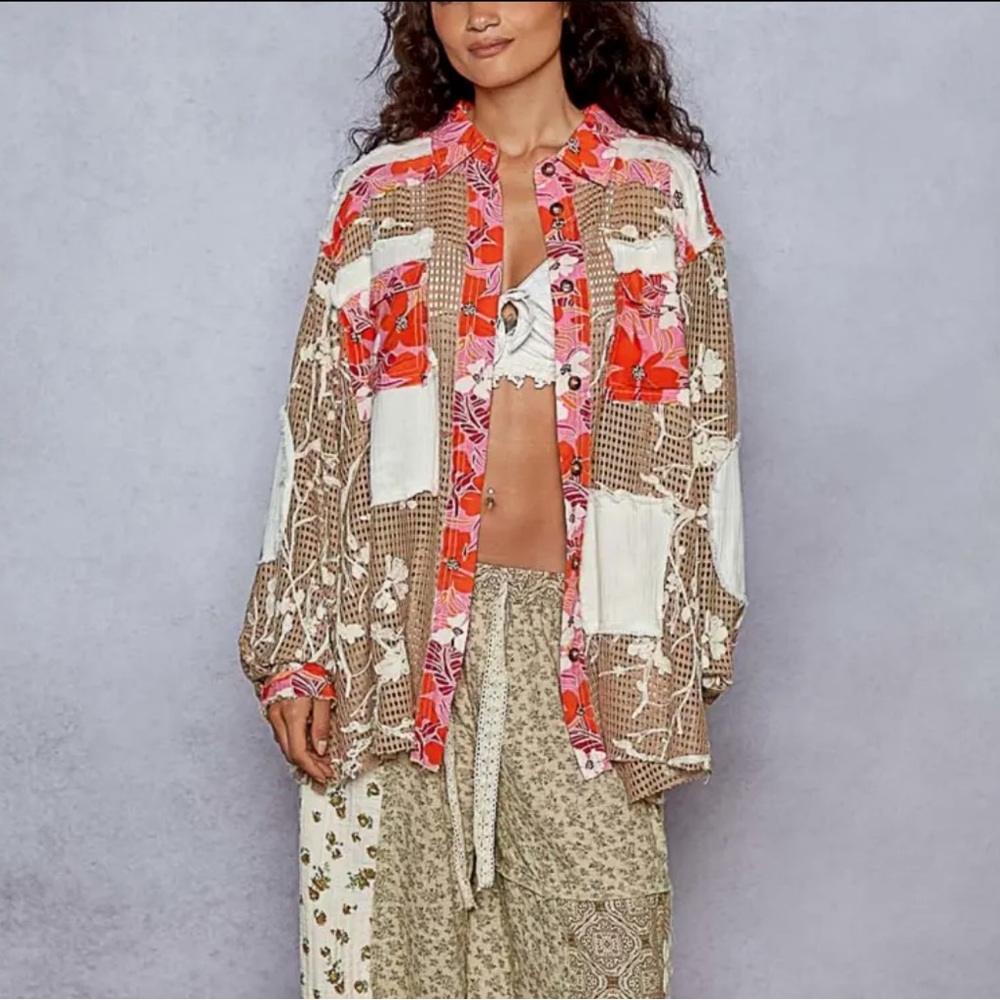 Boho Patchwork Open Front Shirt Jacket - Pink Multicolor - Picture 2 of 10